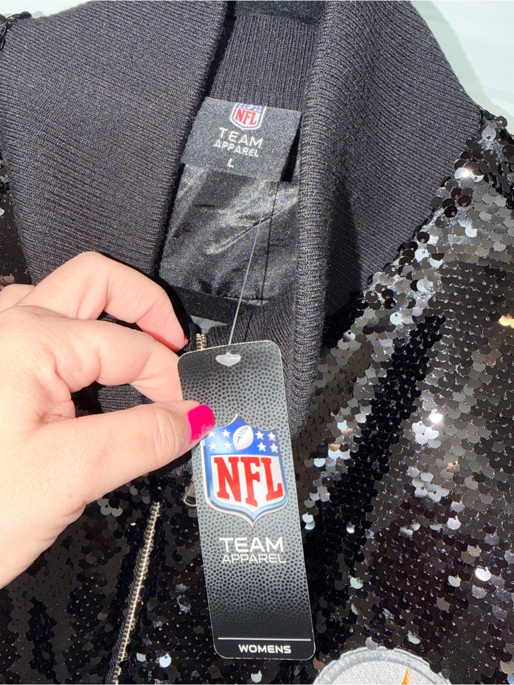 NFL Team Apparel, Sequin Bomber Jacket with Pittsburgh Steelers Patch, Black, OS - Picture 6 of 6